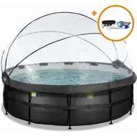 piscine exit black leather ø450x122cm avec pompe filtrante à sable et dôme et kit d'accessoires - noir